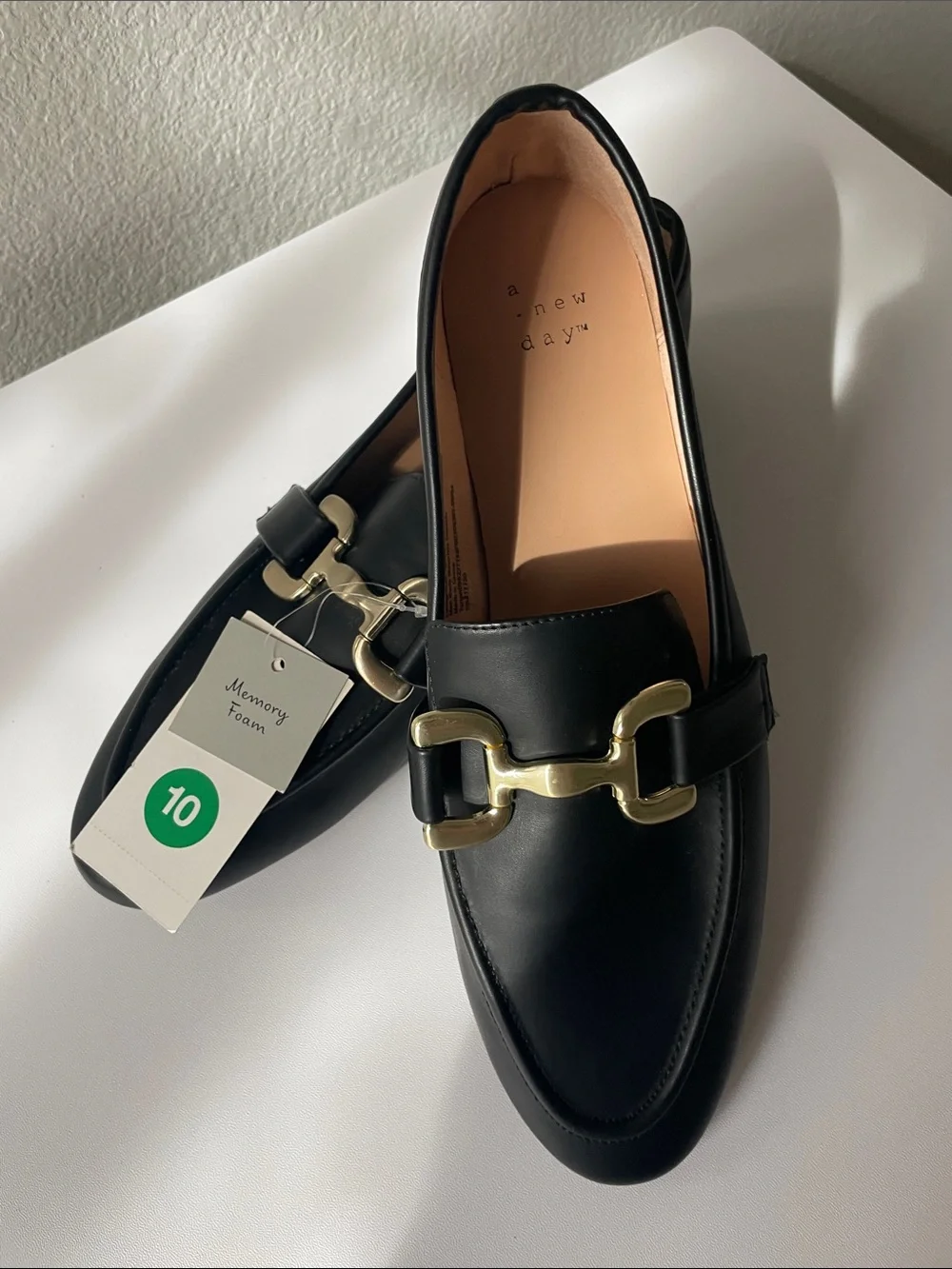 a.new.day™ Women’s Black Leather Bit Loafers with Gold Hardware